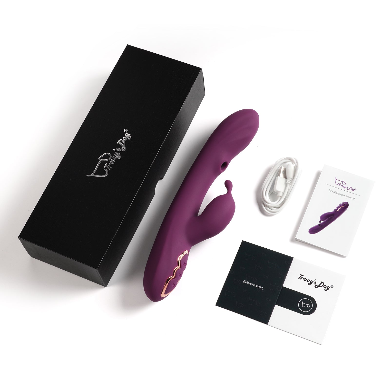 Alpha Rabbit Sucking Vibrator, with Instruction manual, warranty card, charging cable, and box