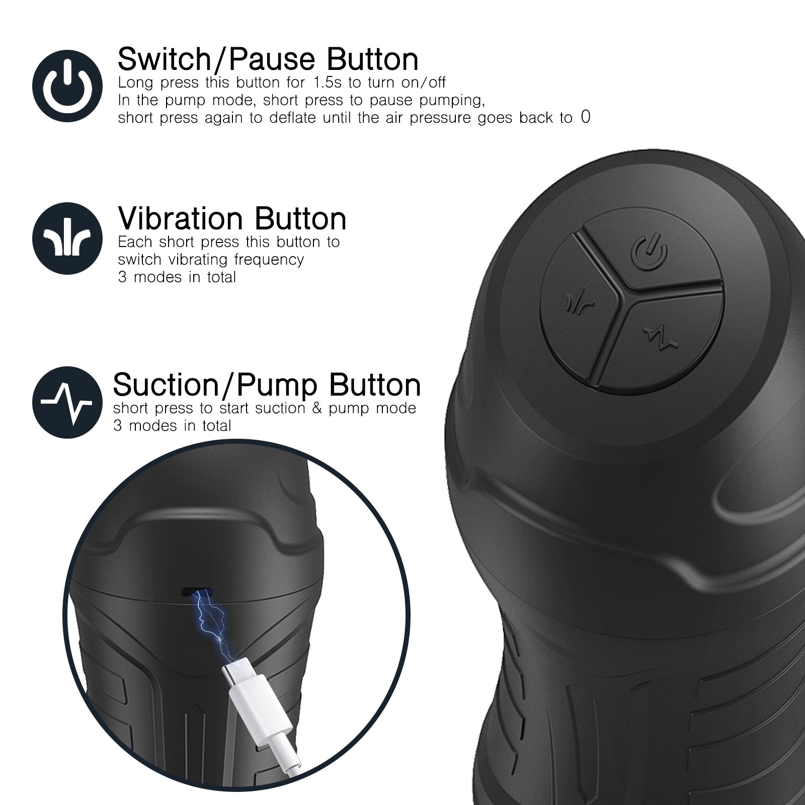 Switch/Pause Button, Vibration Button, Suction/Pump Button
